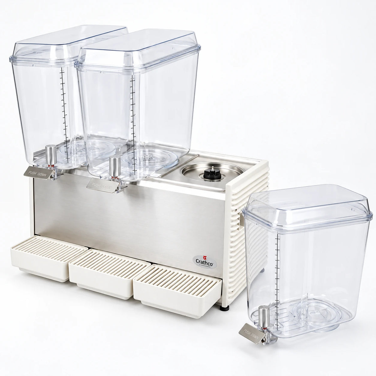 Dispensador refrigerado CRATHCO D35-4 con dos tazones instalados y un tercer tazón desmontado, detalle ilustrativo de estudio