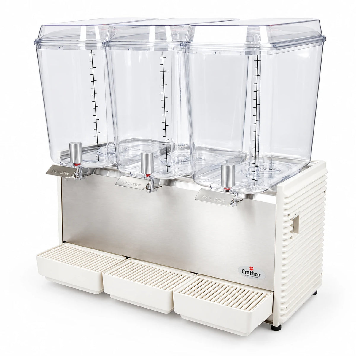Dispensador de bebidas frías CRATHCO D35-4 con tres tazones transparentes de 18.9 litros, vista principal de estudio sobre fondo blanco