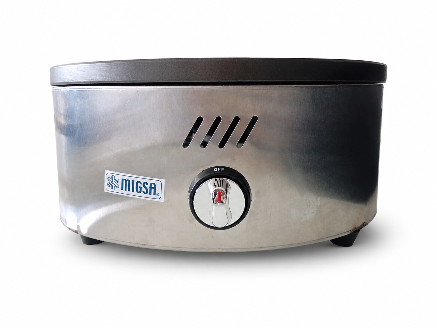 Vista frontal de crepera a gas Migsa CM-04G Outlet con cuerpo de acero inoxidable