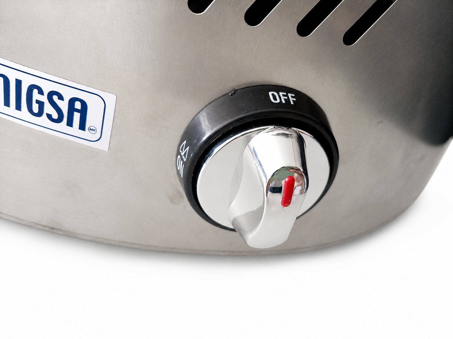 temostrato regulable a gas Migsa CM-04G Outlet con placa de especificaciones y conexión de gas