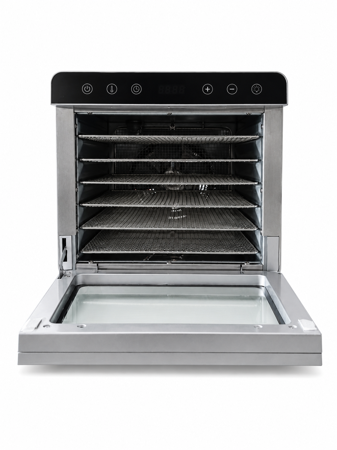 Deshidratador de alimentos Rhino DESALI-6 con puerta abierta y charolas interiores visibles.