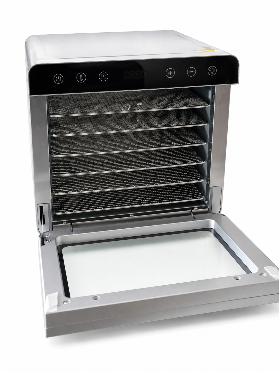 Deshidratador de alimentos Rhino DESALI-6 con puerta abierta, vista en perspectiva.