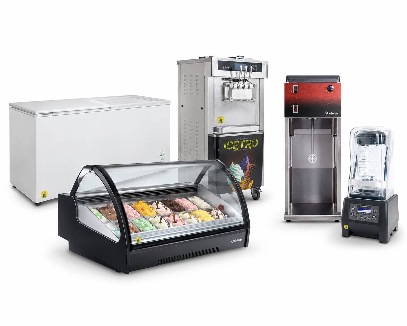 Equipos para paleterías y heladerías con congelador, máquina de helado suave, vitrina de gelato, mezclador y licuadora comercial.
