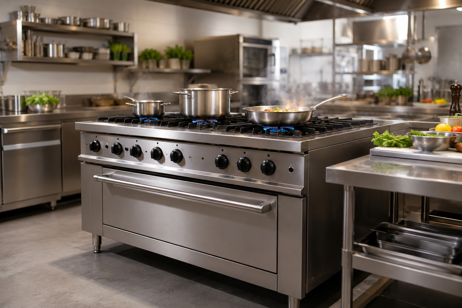 Estufa industrial de piso en cocina profesional