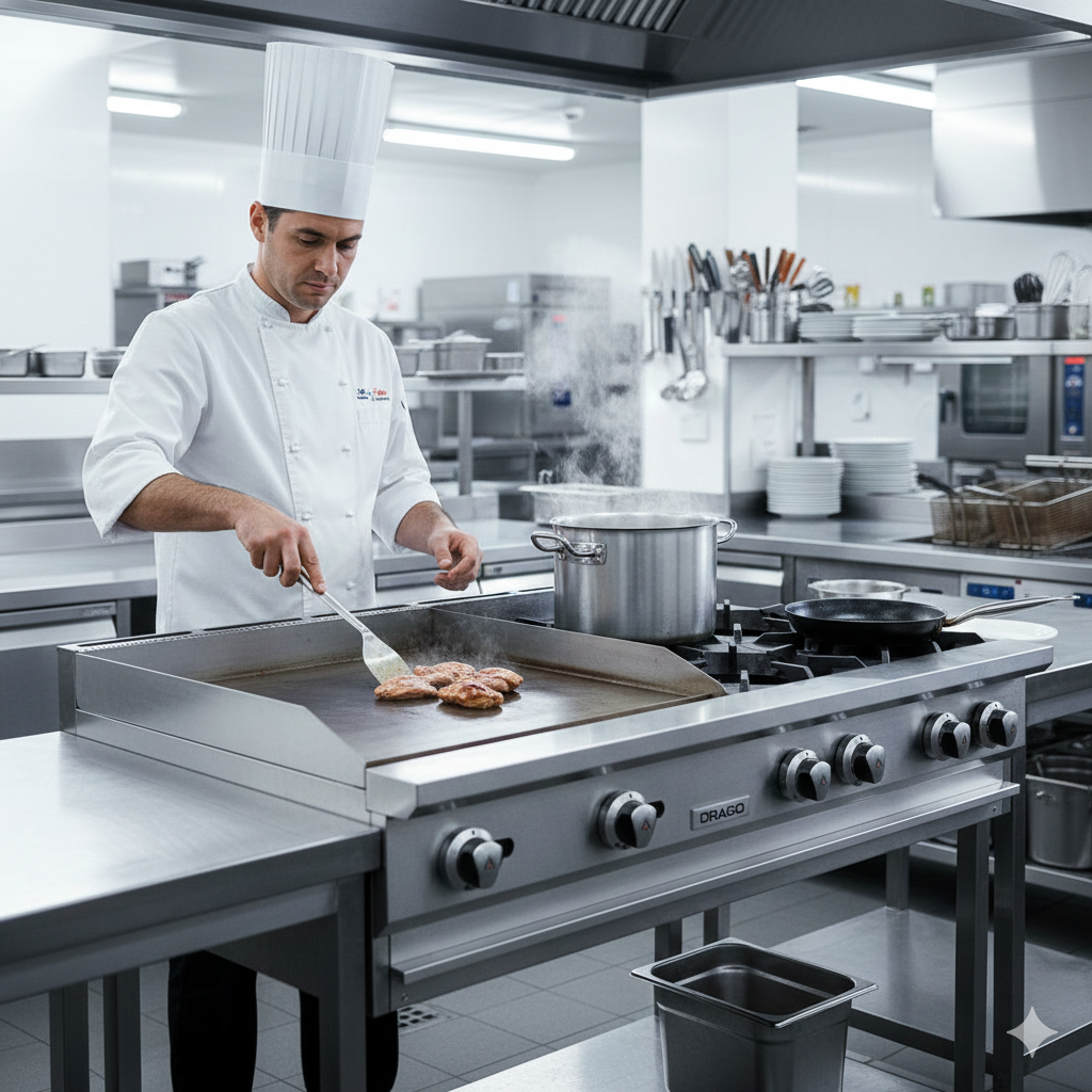 Estufa múltiple de mesa Drago CG-40PD con plancha y quemadores en cocina industrial, chef cocinando