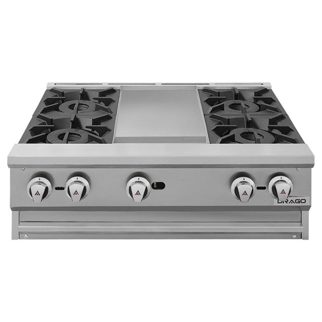 Estufa mĂșltiple de mesa Drago CG-40P con 4 quemadores y plancha, vista frontal