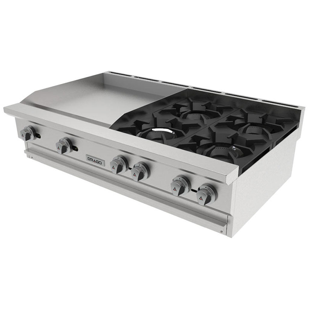 Estufa mĂșltiple de mesa Drago CG-40PD con parrilla de 4 quemadores y plancha de 2 pies