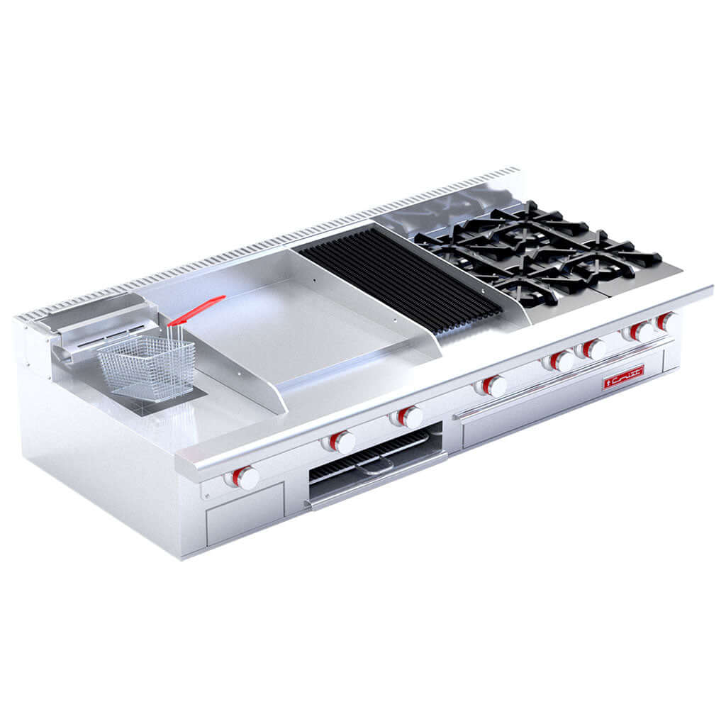 Estufa Múltiple Master de Mesa Coriat para cocina industrial, estación de cocción con plancha, gratinador, freidora y 4 quemadores (vista frontal)