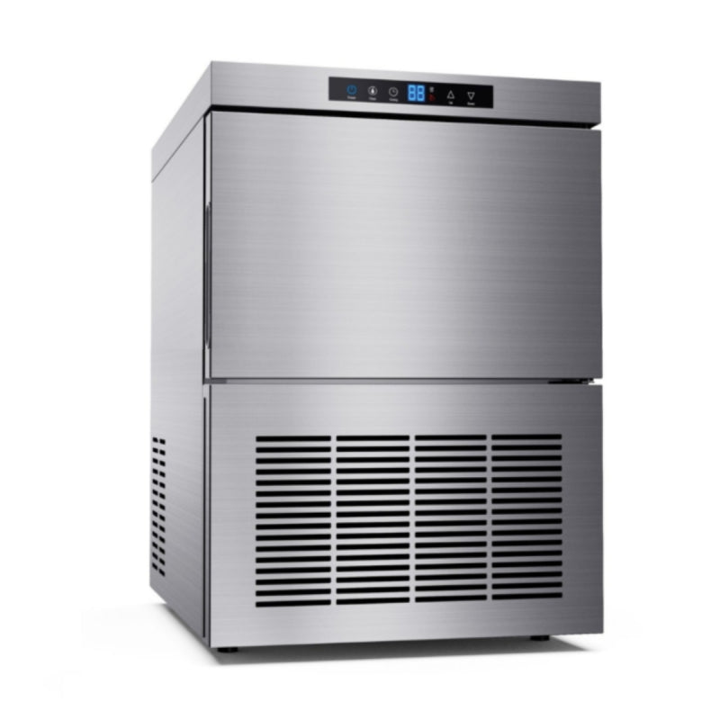 Máquina fabricadora de hielo MIGSA HB-25 con capacidad de 25 kg por día, gabinete de acero inoxidable y panel frontal, fotografía sobre fondo blanco