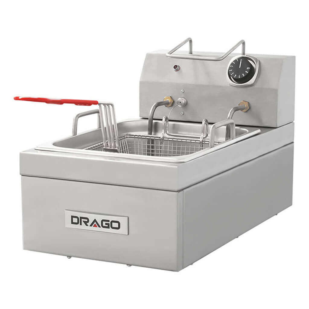 Freidora eléctrica Drago FE-5 5 litros vista lateral en acero inoxidable