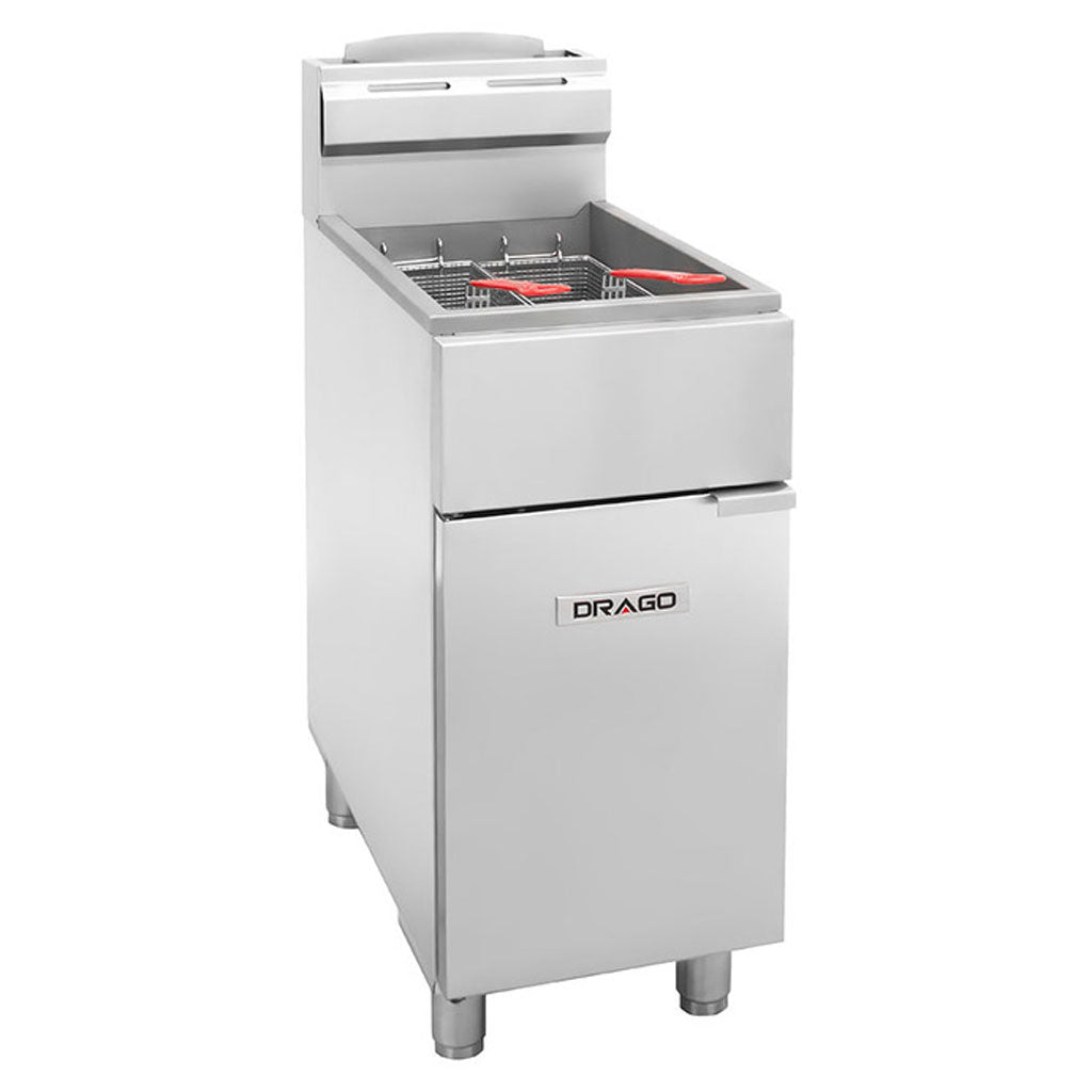 Freidora industrial Drago FG-16 RS vista lateral con estructura de acero inoxidable