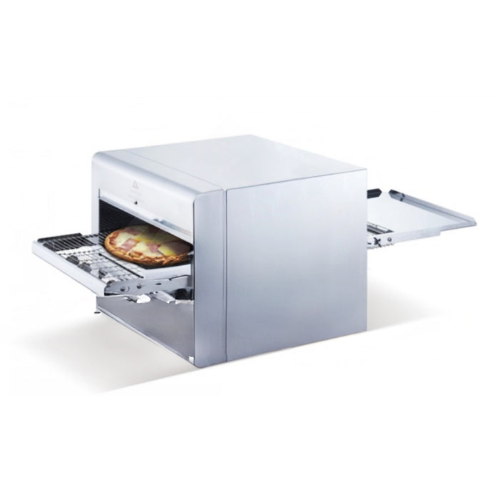 Horno eléctrico de banda para pizza MIGSA NTE-1418 con entrada de 36 cm, fotografía original del equipo sin sellos promocionales