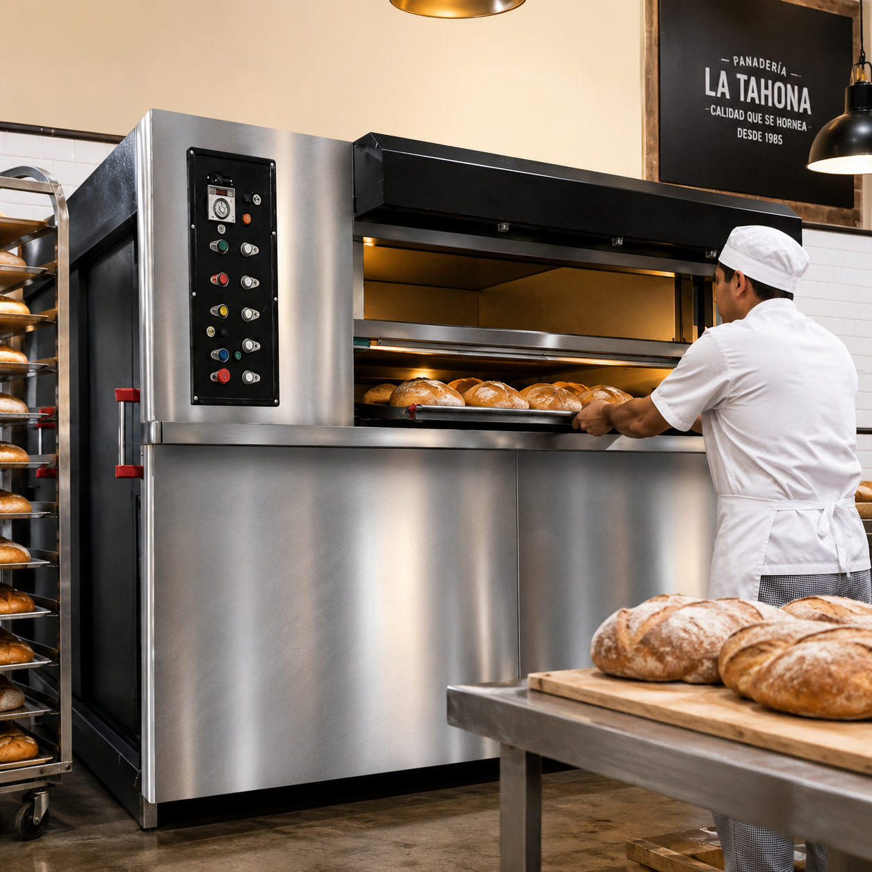 Horno de columpio La Tahona COL30 en uso para producción intensiva de panadería