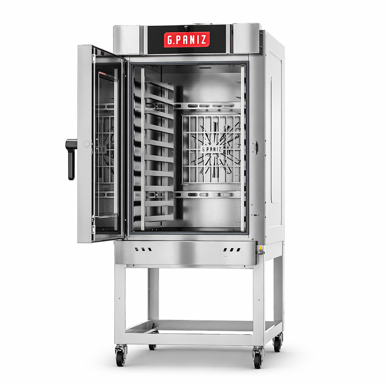Horno para pan GPaniz FTG-3000 a gas de acero inoxidable con puerta abierta y vista interior