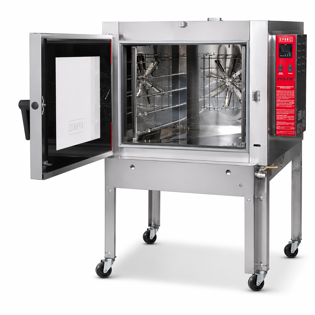 Horno de convección para panadería GPaniz FTG-150N con puerta abierta y vista interior