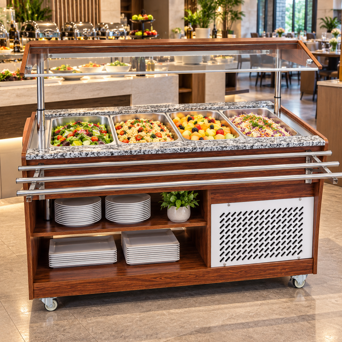 Mesa buffetera refrigerada MIGSA RTS-1490L instalada en buffet de restaurante