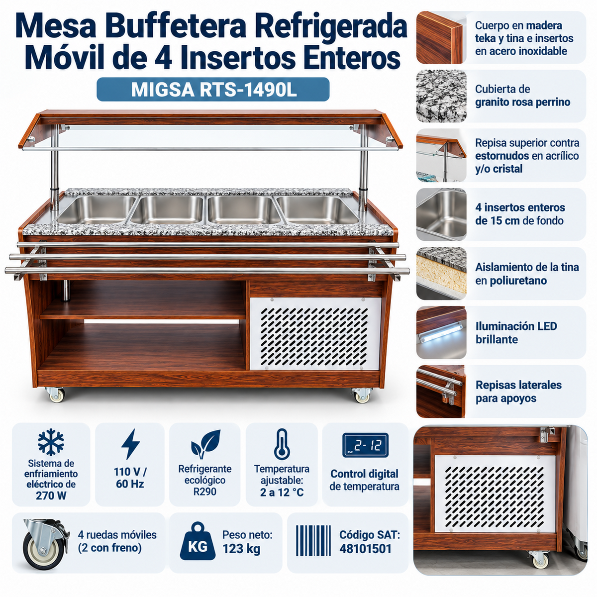 Especificaciones de la mesa buffetera refrigerada MIGSA RTS-1490L