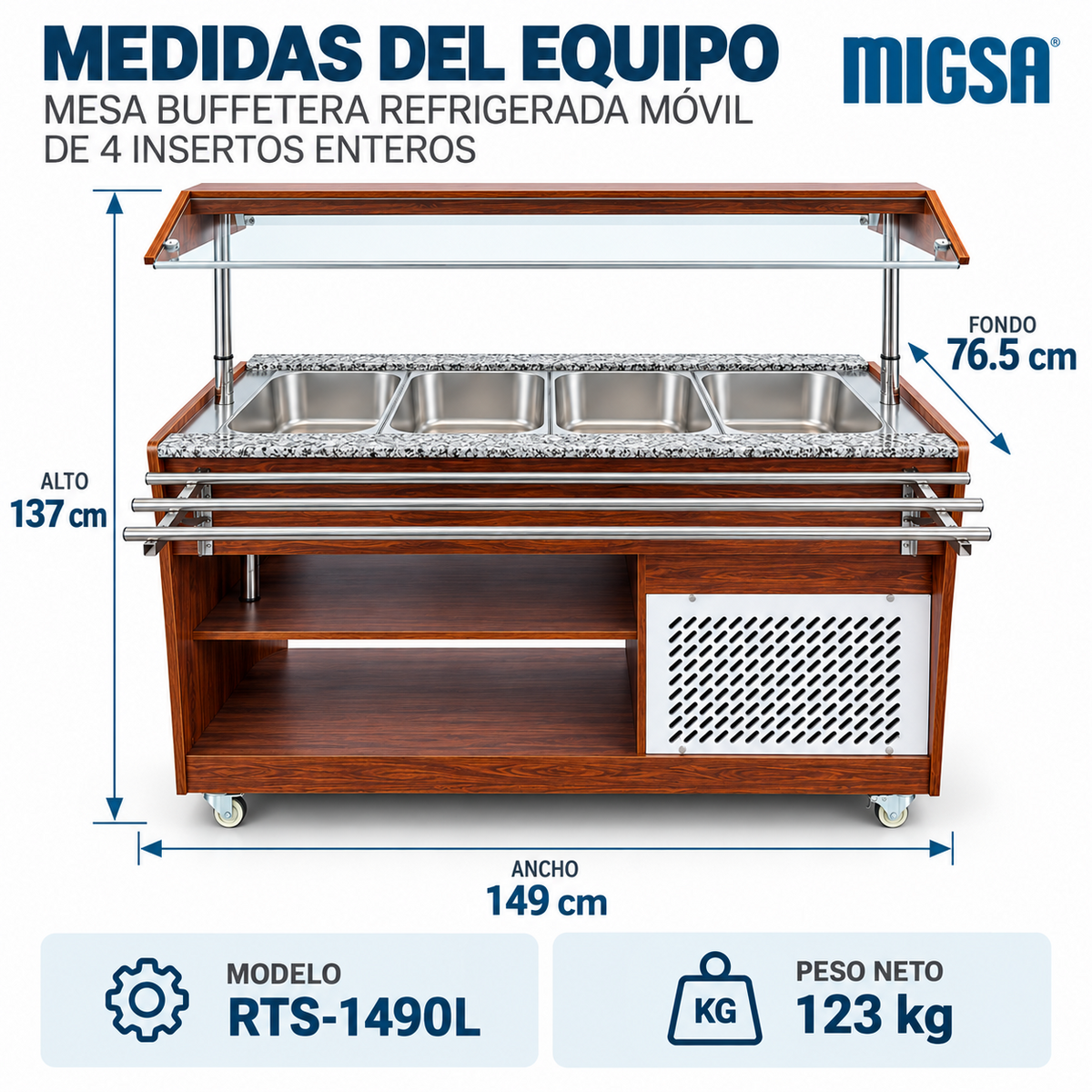 Medidas de la mesa buffetera refrigerada MIGSA RTS-1490L 149 x 76.5 x 137 cm
