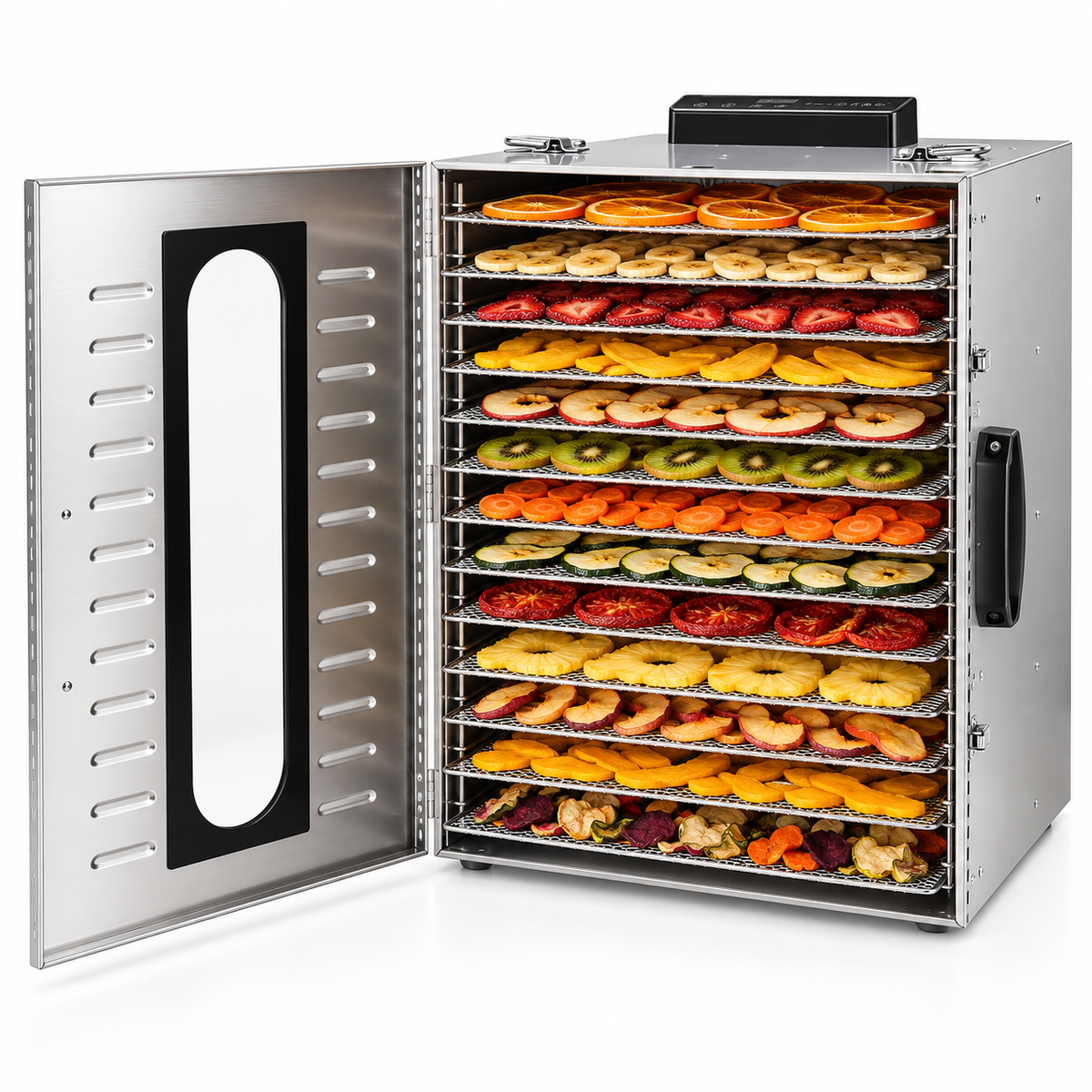 Deshidratador MIGSA DAL-16 con puerta abierta y frutas sobre 16 charolas