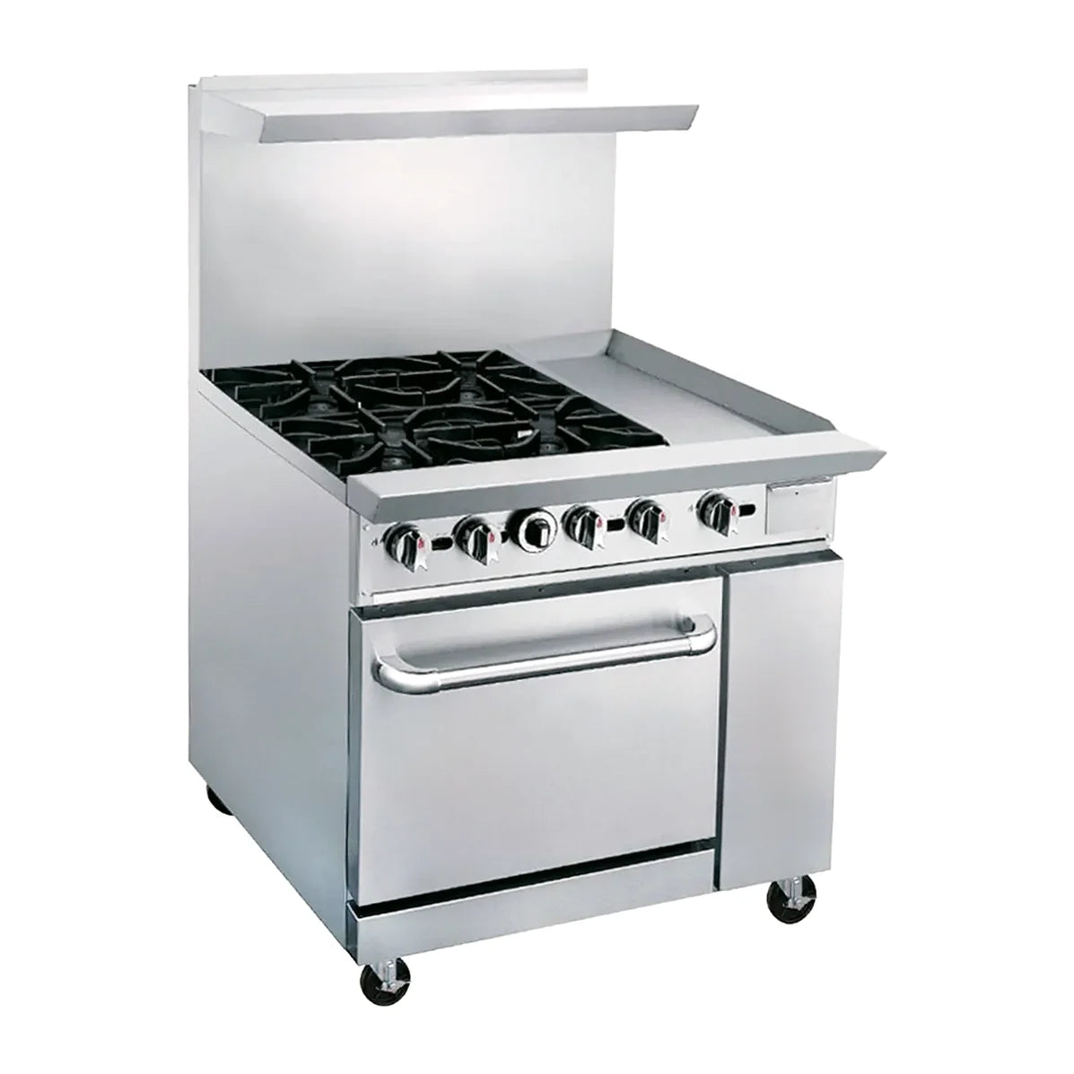 Estufa comercial MIGSA DCR36-4QH con cuatro quemadores, plancha de acero y horno con respaldo