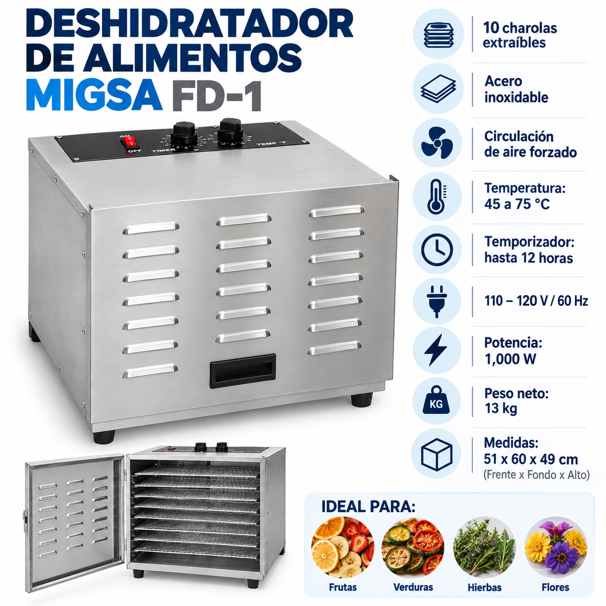Infografía del deshidratador de alimentos MIGSA FD-1 de 10 charolas
