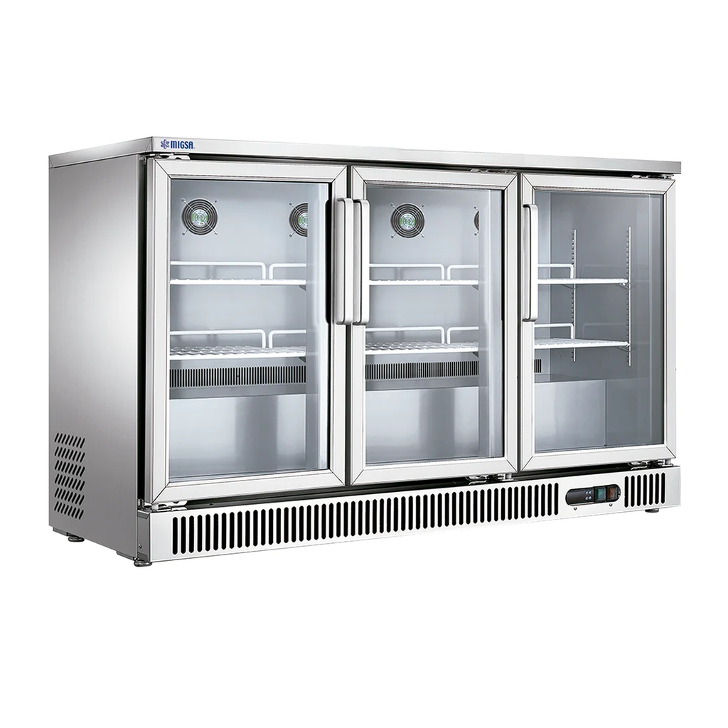 Refrigerador contrabarra MIGSA SG-380, fondo blanco