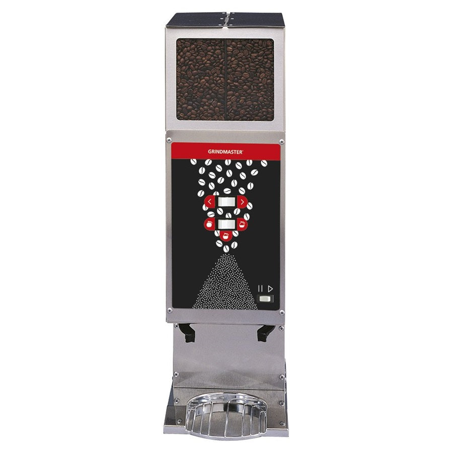 Molino comercial GRINDMASTER 250-3A para café, dos tolvas visibles y selección de tres porciones por lado, vista frontal