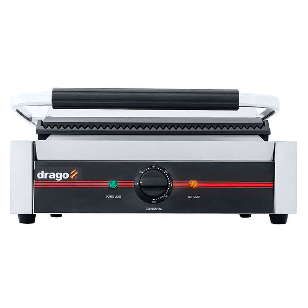 Paninera eléctrica Drago GH-811E vista 3/4 con planchas ranuradas