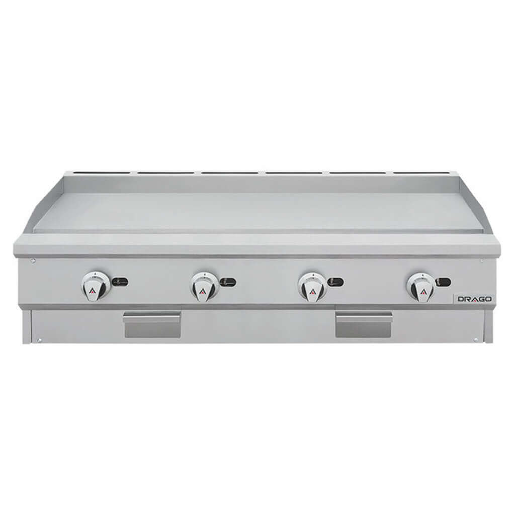 Plancha industrial para restaurante Drago PG-4 Slim 4 quemadores, vista en ángulo