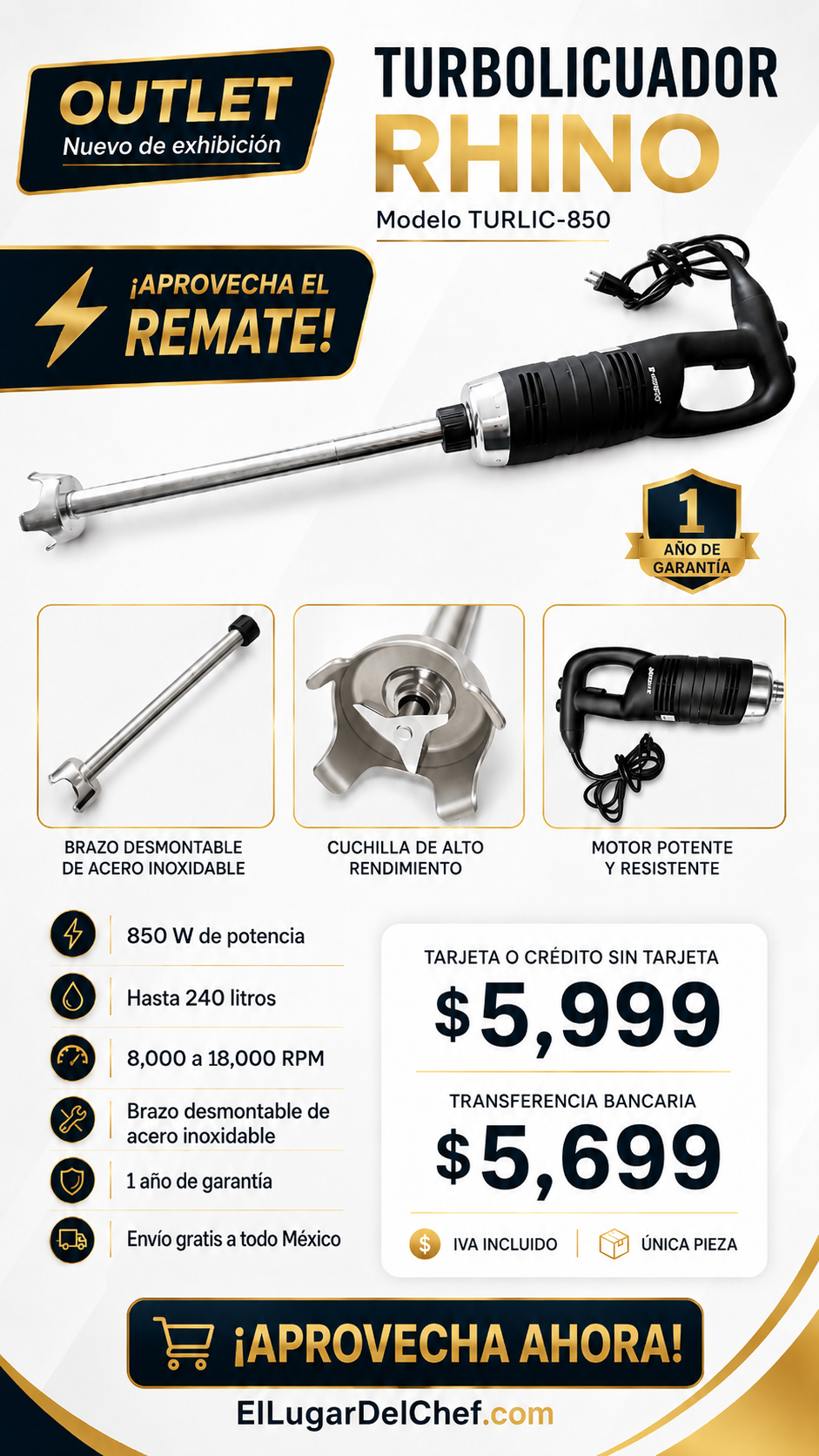 Turbolicuador Rhino TURLIC-850 Outlet | 850 W para hasta 240 Litros