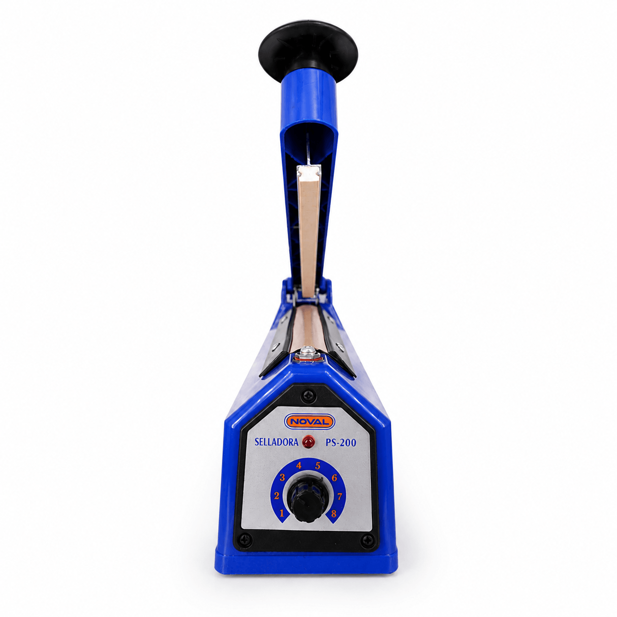 Selladora de bolsas Noval PS-200 azul de 20 cm con palanca abierta vista frontal lateral