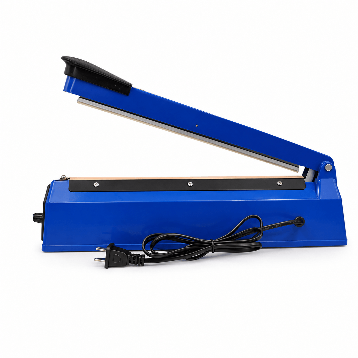 Selladora de bolsas Noval PS-300 vista lateral con cable de corriente para empaque comercial