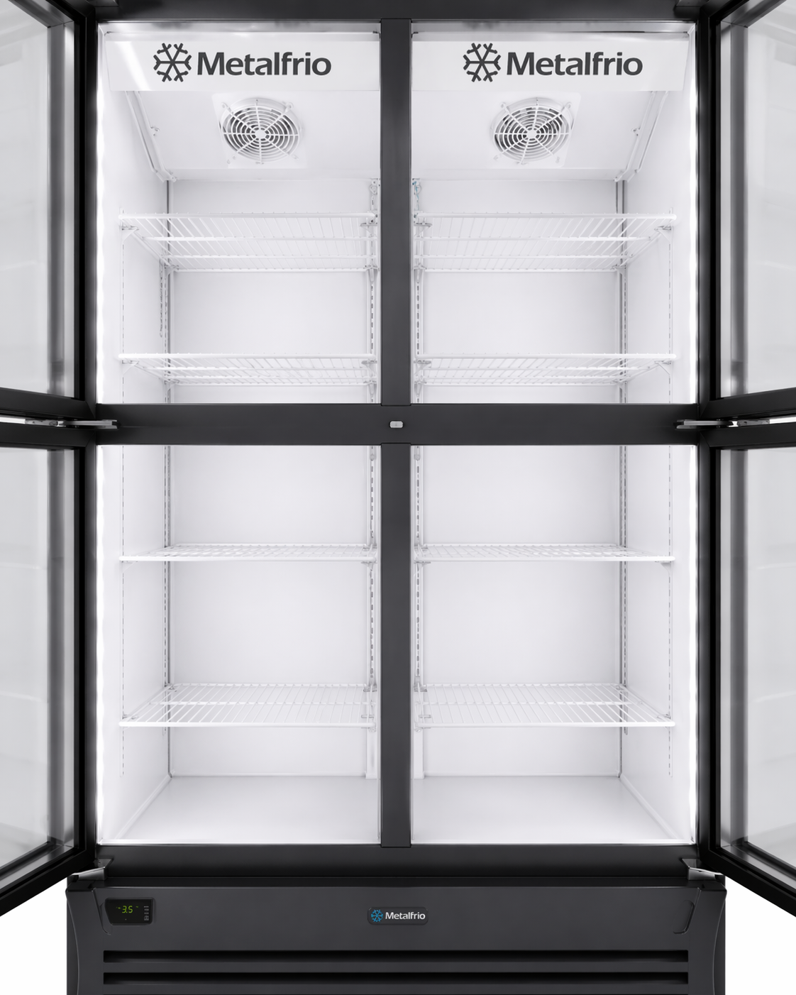 Interior del refrigerador Metalfrio RB804 de 4 puertas con parrillas ajustables e iluminación LED
