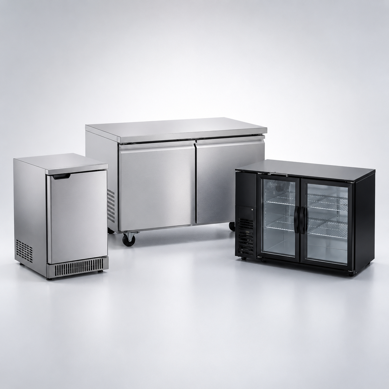 Refrigeradores bajo barra comerciales de acero inoxidable con puertas sólidas y de cristal para restaurantes, bares y cafeterías.