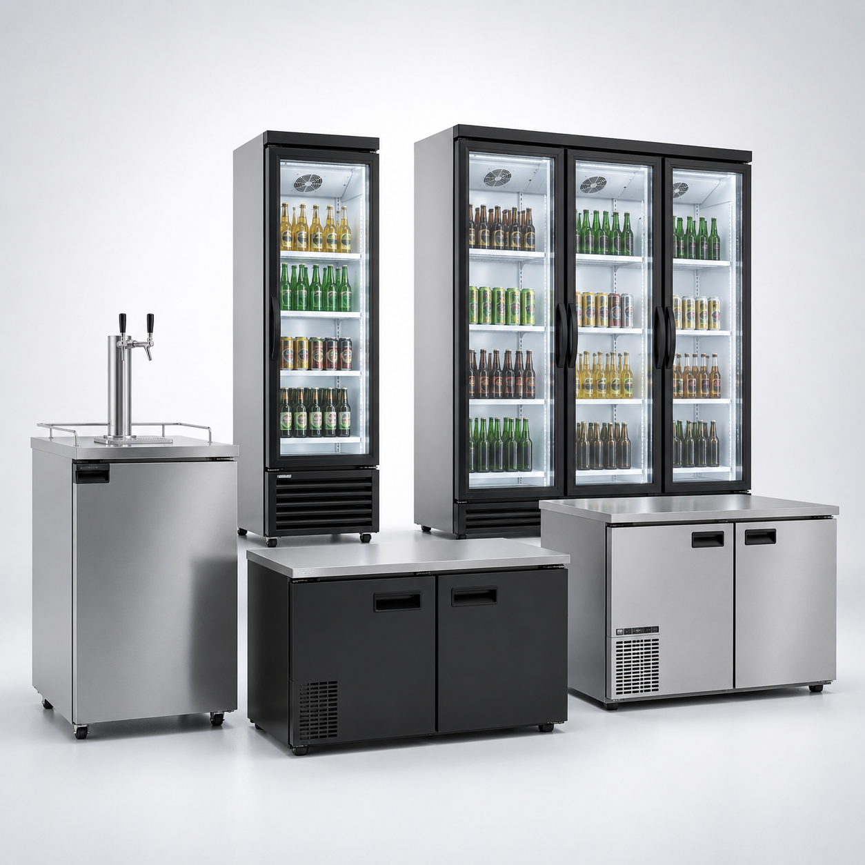 Refrigeradores comerciales para cerveza con puertas de cristal, enfriadores bajo barra y dispensadores para bares y restaurantes.