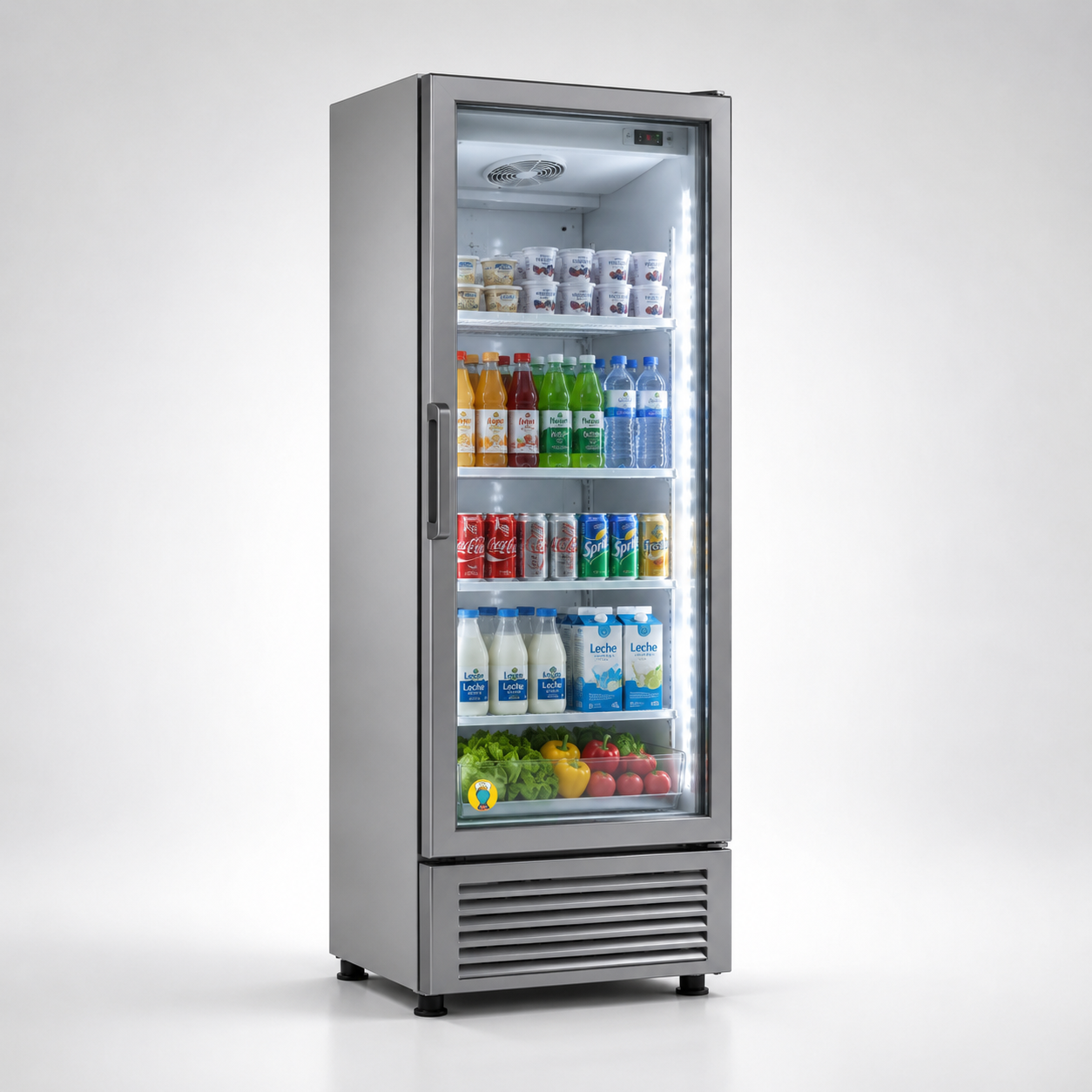Refrigeradores verticales comerciales con puertas de cristal para exhibir bebidas y alimentos en negocios.