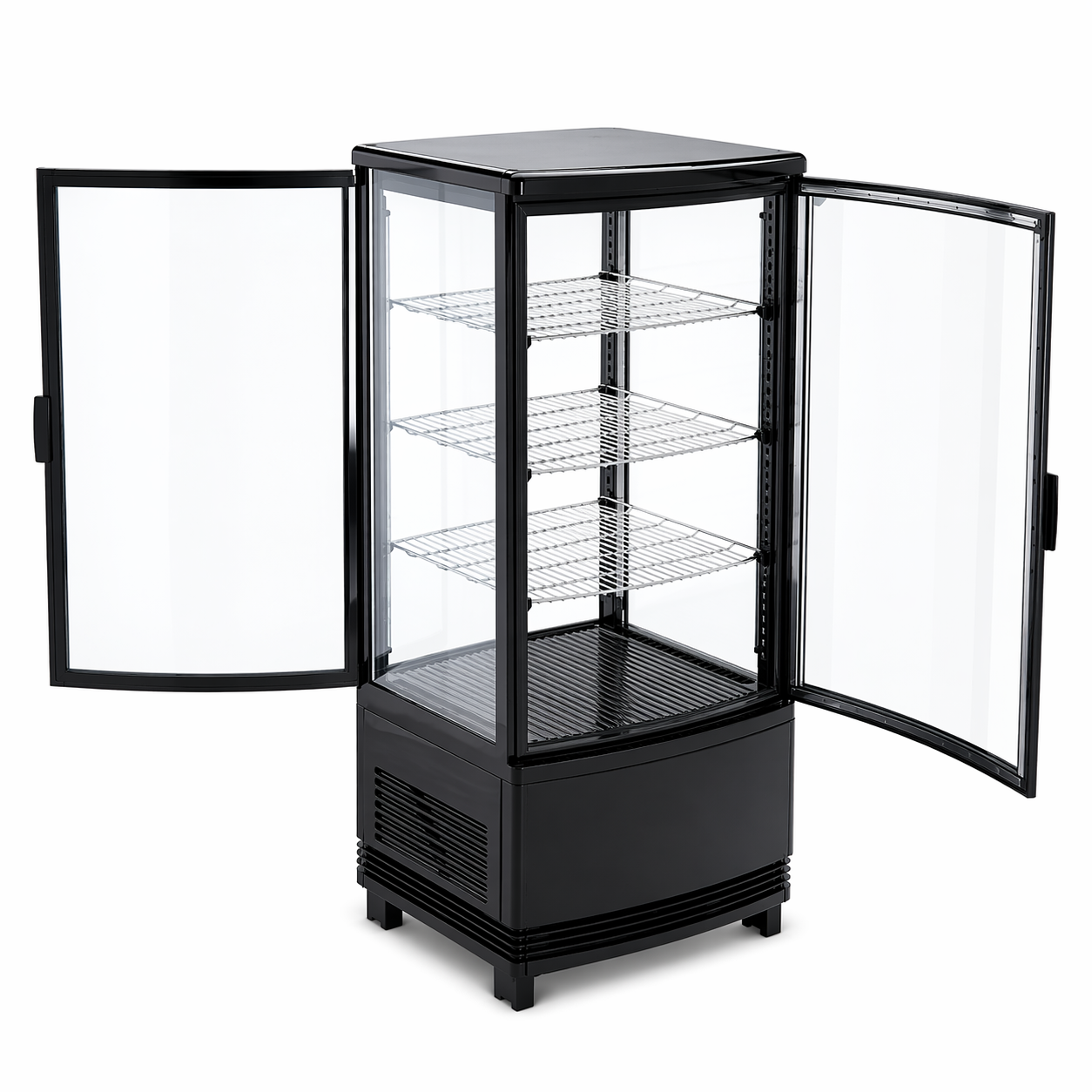 Refrigerador panorámico Migsa RT-78L2R de 86 litros con 2 puertas curvas abiertas y parrillas cromadas.