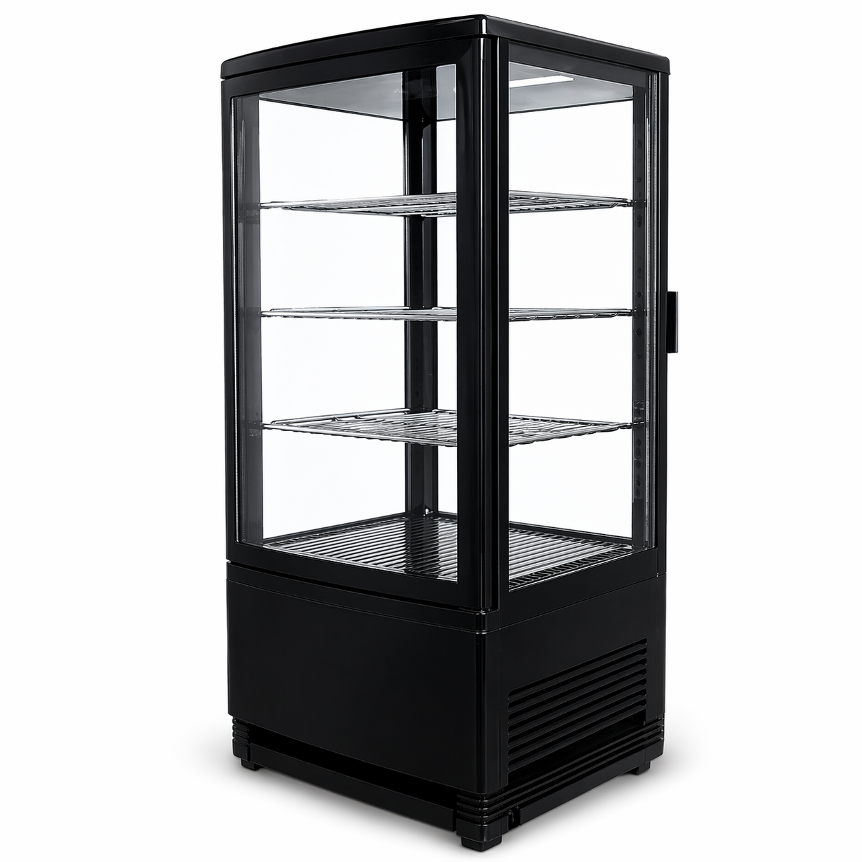Refrigerador panorámico Migsa RT-78L2R de 86 litros color negro con puertas curvas de cristal.