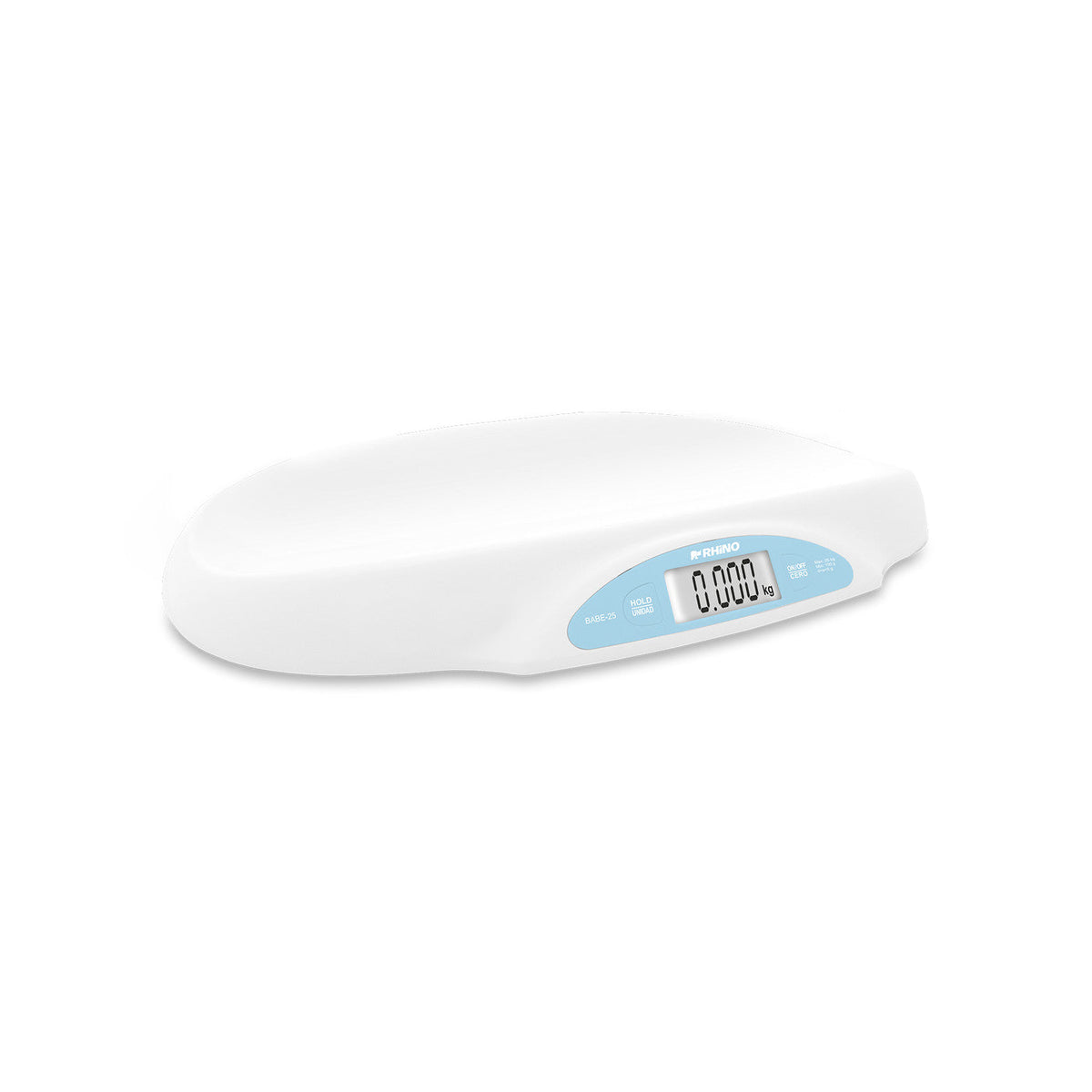 Báscula para bebés RHINO BABE-25 de 25 kg, diseño ergonómico tipo cuna blanca con pantalla digital.