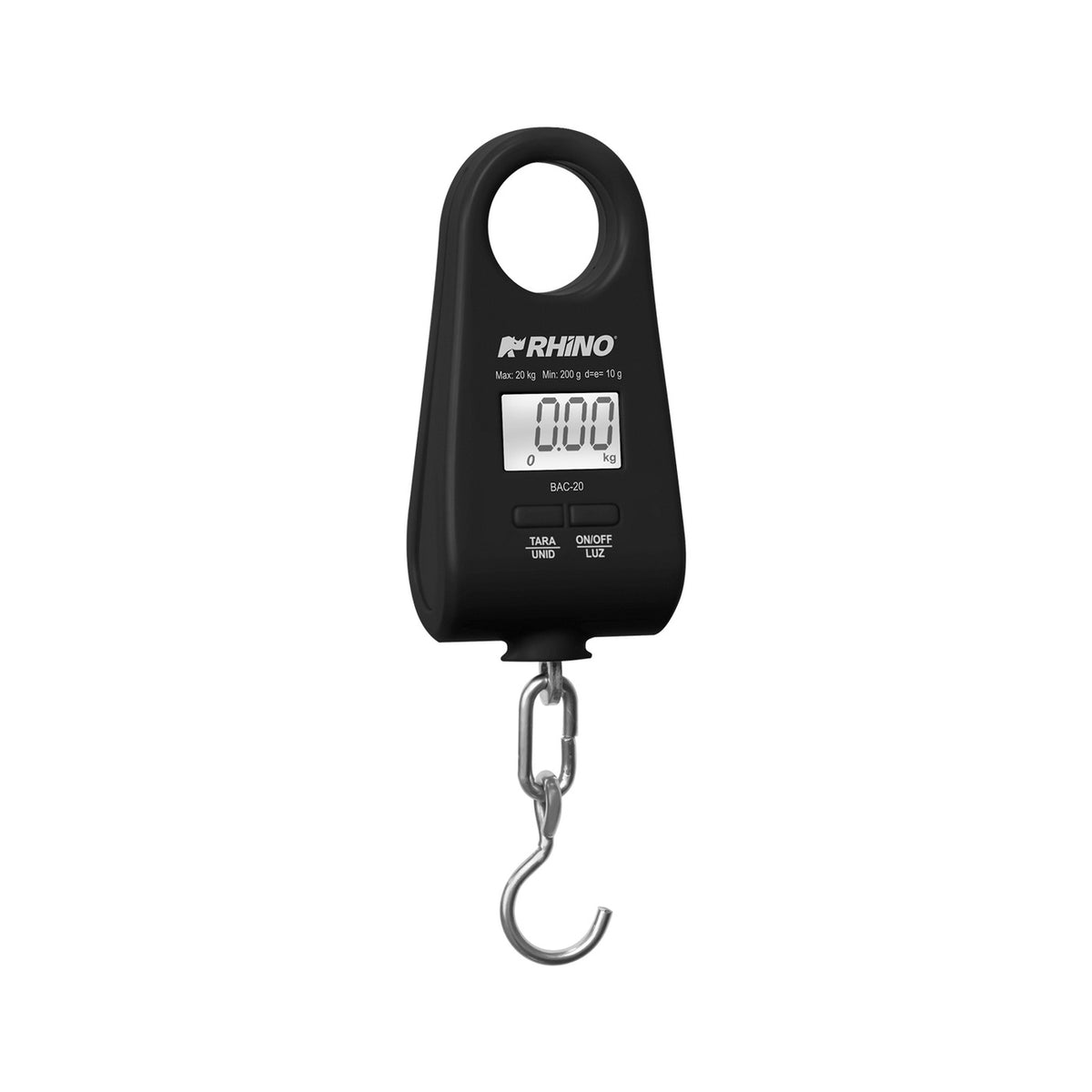 Báscula colgante digital RHINO BAC-20 de 20 kg y división de 10 g con pantalla LCD y gancho de acero, vista frontal.