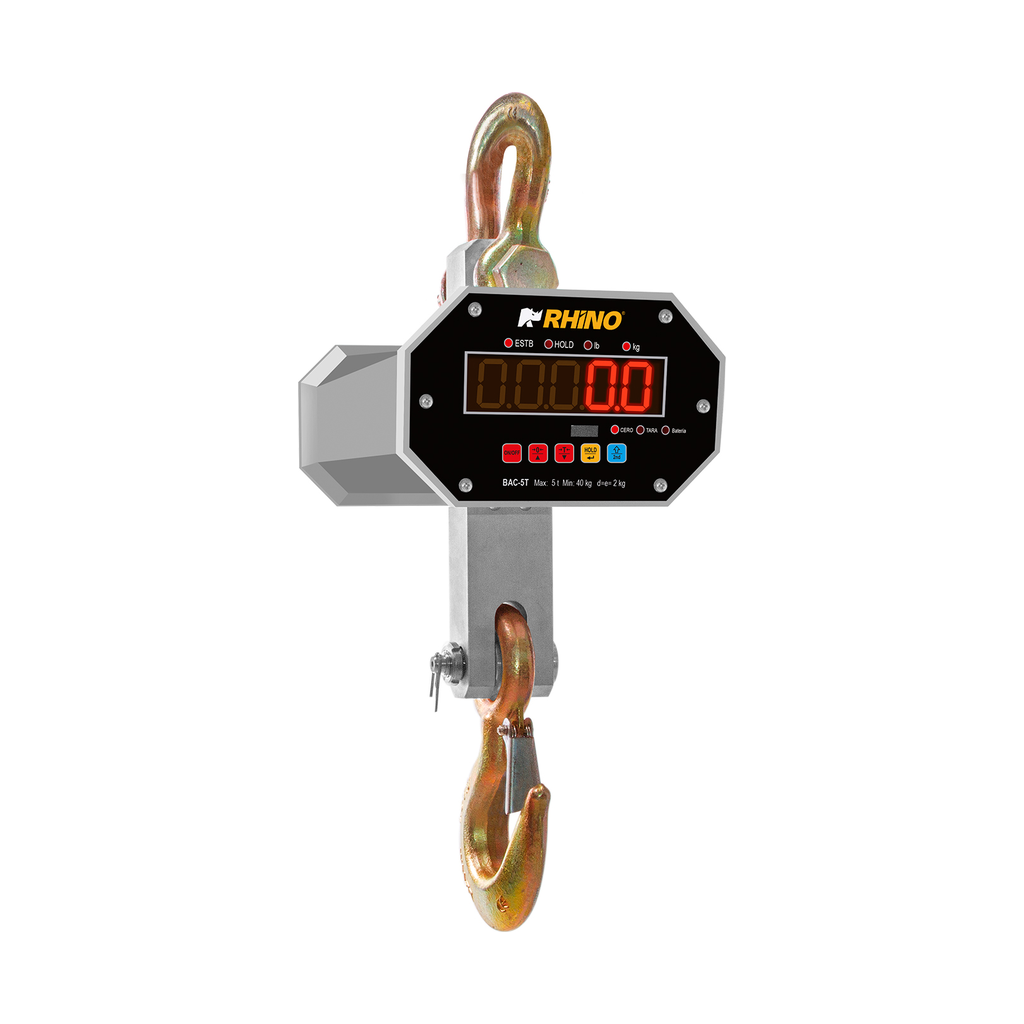 Báscula electrónica colgante Rhino BAC-5T de 5 toneladas con carcasa de aluminio, pantalla LED, argolla y gancho de aleación de acero