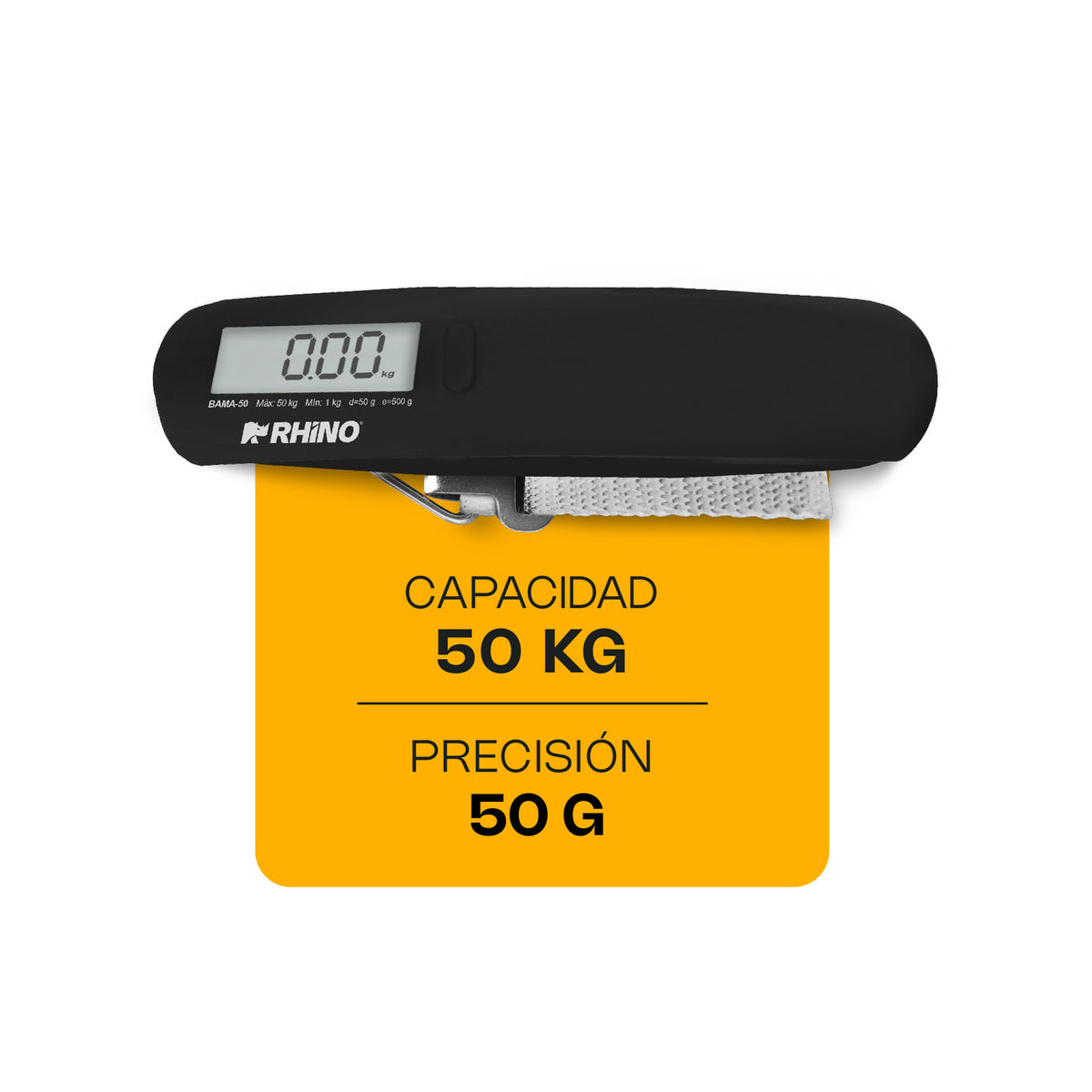 RHINO BAMA-50, capacidad máxima de 50 kilogramos con división de 50 gramos.