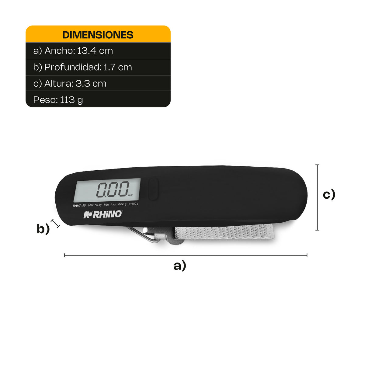 Medidas de báscula RHINO BAMA-50 de 13.4 x 1.7 x 3.3 cm y peso de 113 gramos.