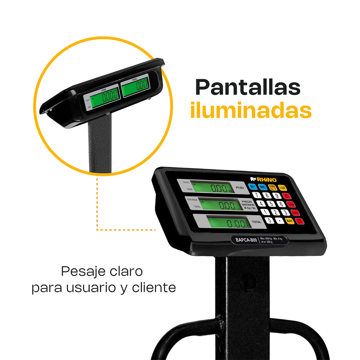 Pantallas LCD iluminadas de doble vista de la báscula RHINO BAPCA-800