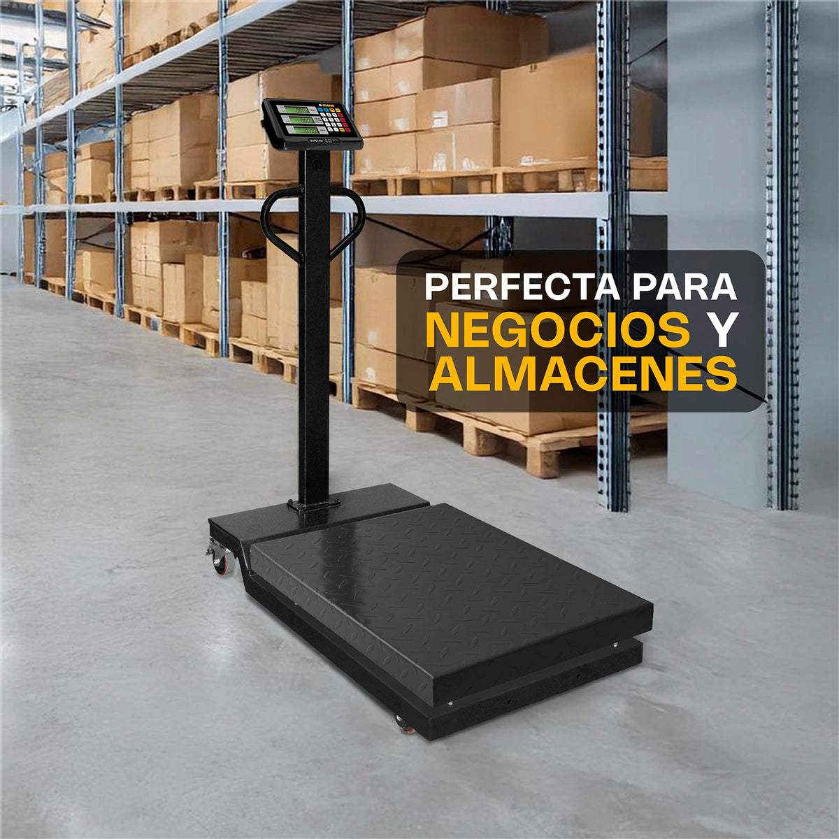 Báscula de plataforma RHINO BAPCA-800 de 800 kg en ambiente de almacén