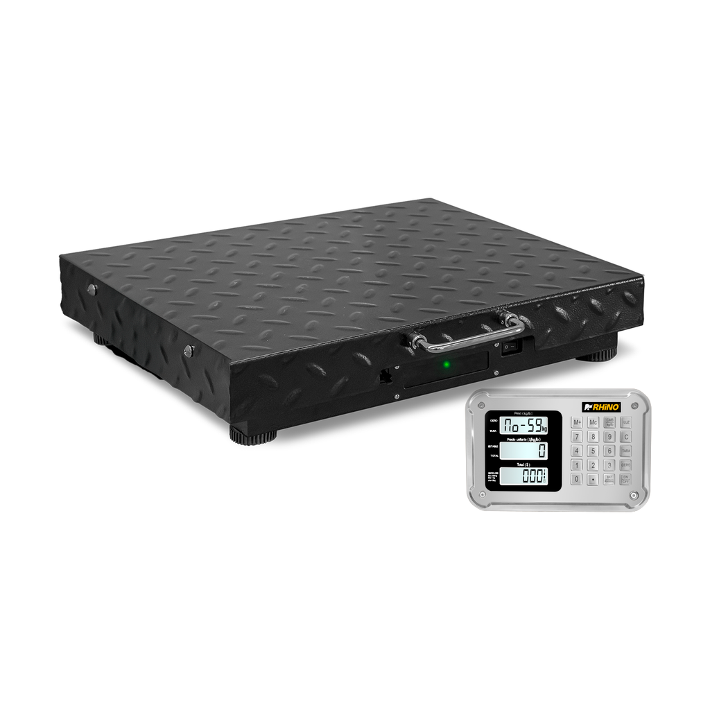 Báscula inalámbrica RHINO BAPIC-150 de plataforma negra de acero al carbono con indicador remoto, vista conjunta