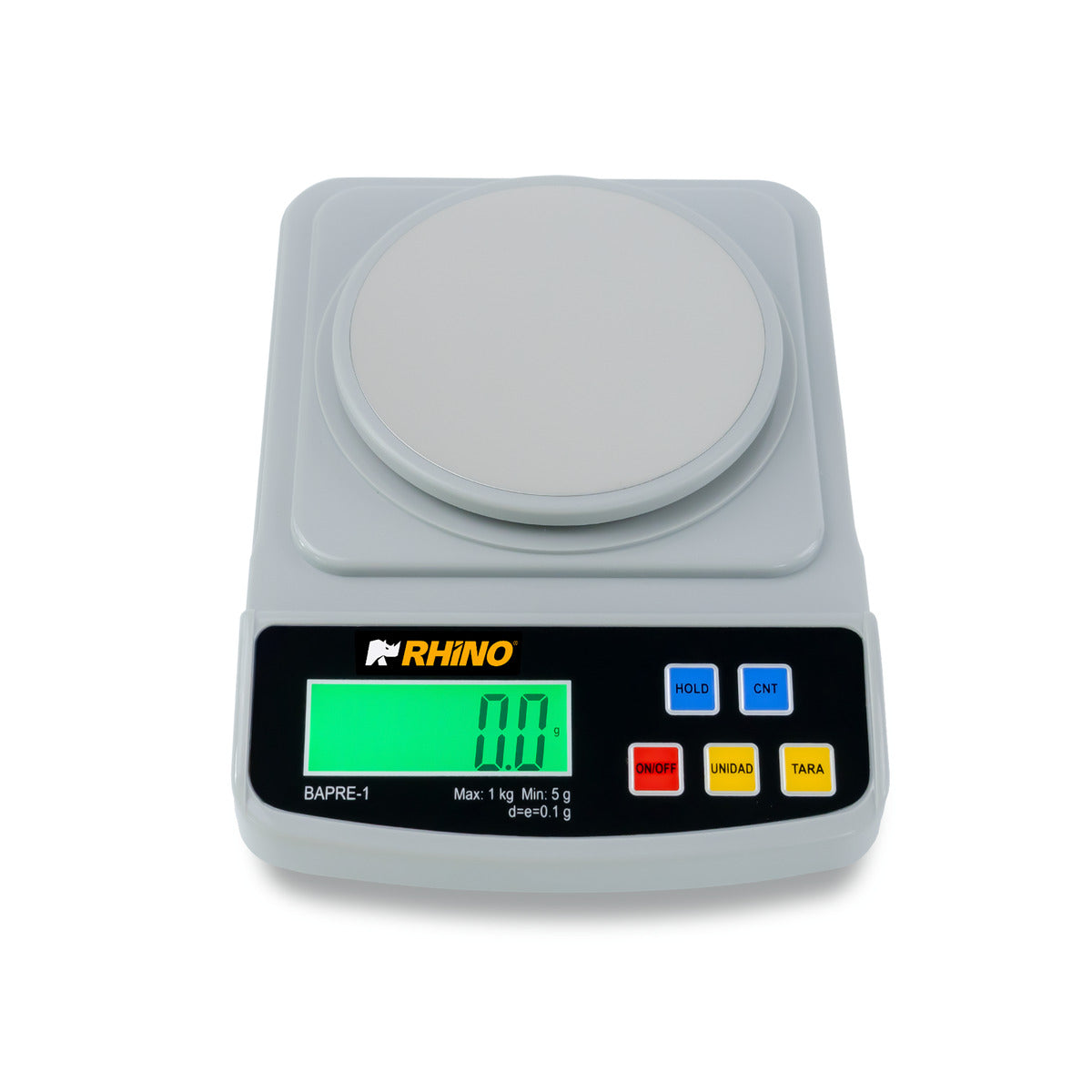 Báscula de precisión RHINO BAPRE-1 vista de frente con pantalla LCD