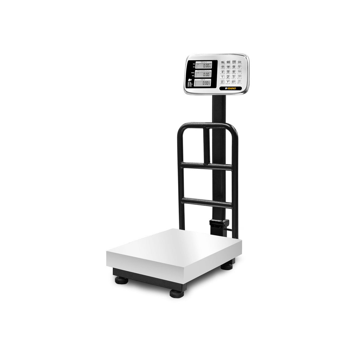 Báscula RHINO BP-100, vista en tres cuartos con plataforma y soporte