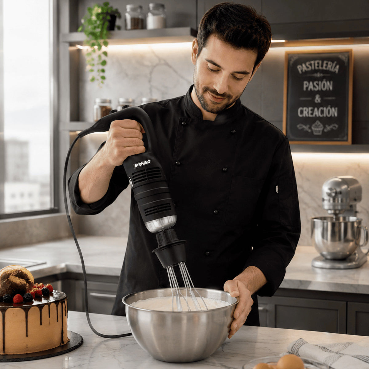 Globo RHINO GLOBAT-6585 montado en turbolicuador para cocina profesional, motor no incluido.