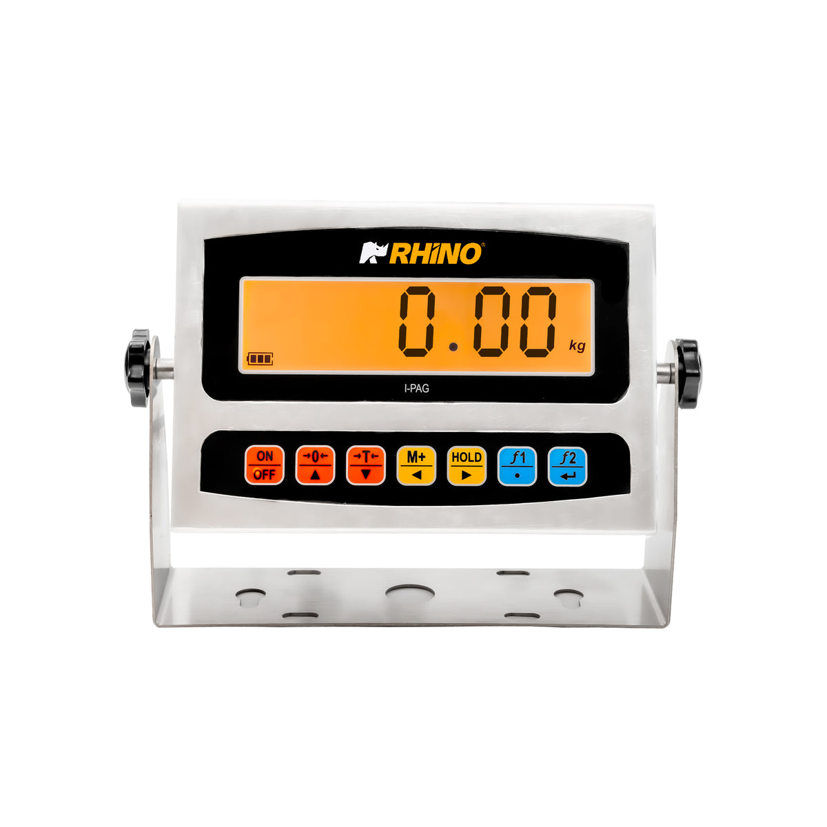 Indicador RHINO I-PAG a prueba de agua IP67 vista frontal con pantalla LCD naranja, fotografía original